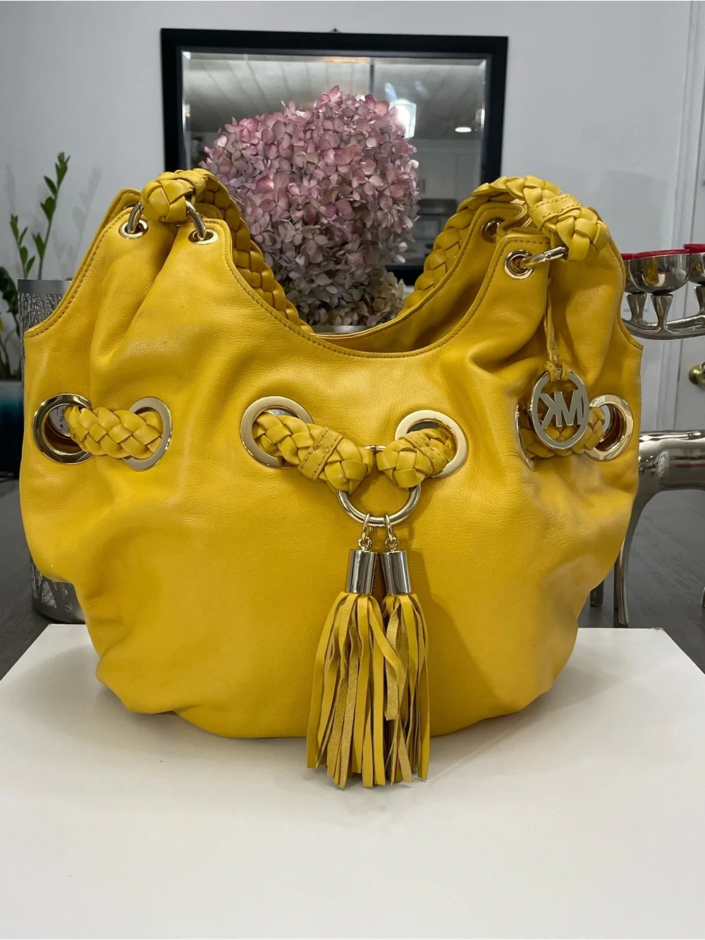 Michael Kors Yellow Leather Braided Grommet Shoulder Tote Bag Tassel Large MK